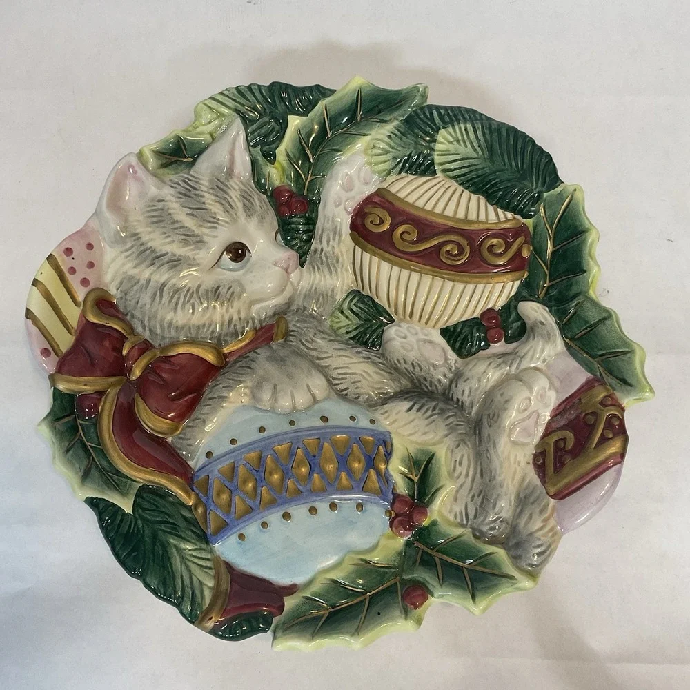 Fitz and Floyd KRISTMAS KITTY Cat Christmas Holiday Canape Plate
